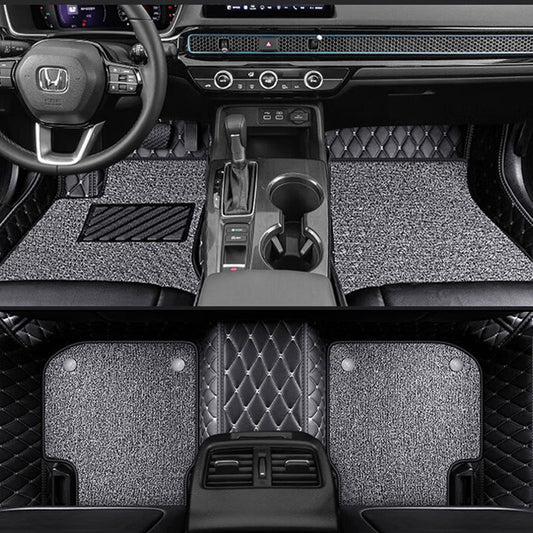 CM06 Double layer Luxury 3D Car Mats Set Black+gold Stitching+grey wire ring