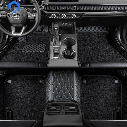 CM11 Double layer Luxury 3D Car Mats Set Black black thread leather + black silk loop