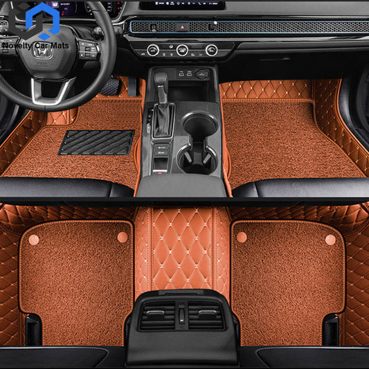 CM12 Double layer Luxury 3D Car Mats Set Brown gold thread leather + brown wire loop