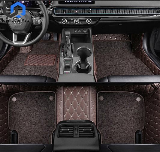 CM09 Double layer Luxury 3D Car Mats Set Coffee color gold thread leather + coffee color silk ring