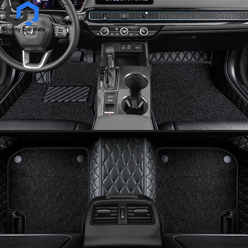 CM11 Double layer Luxury 3D Car Mats Set Black black thread leather + black silk loop